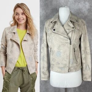 Desigual Astrid Metallic Faux Suede Flower Moto Jacket Cream Size 36 XS